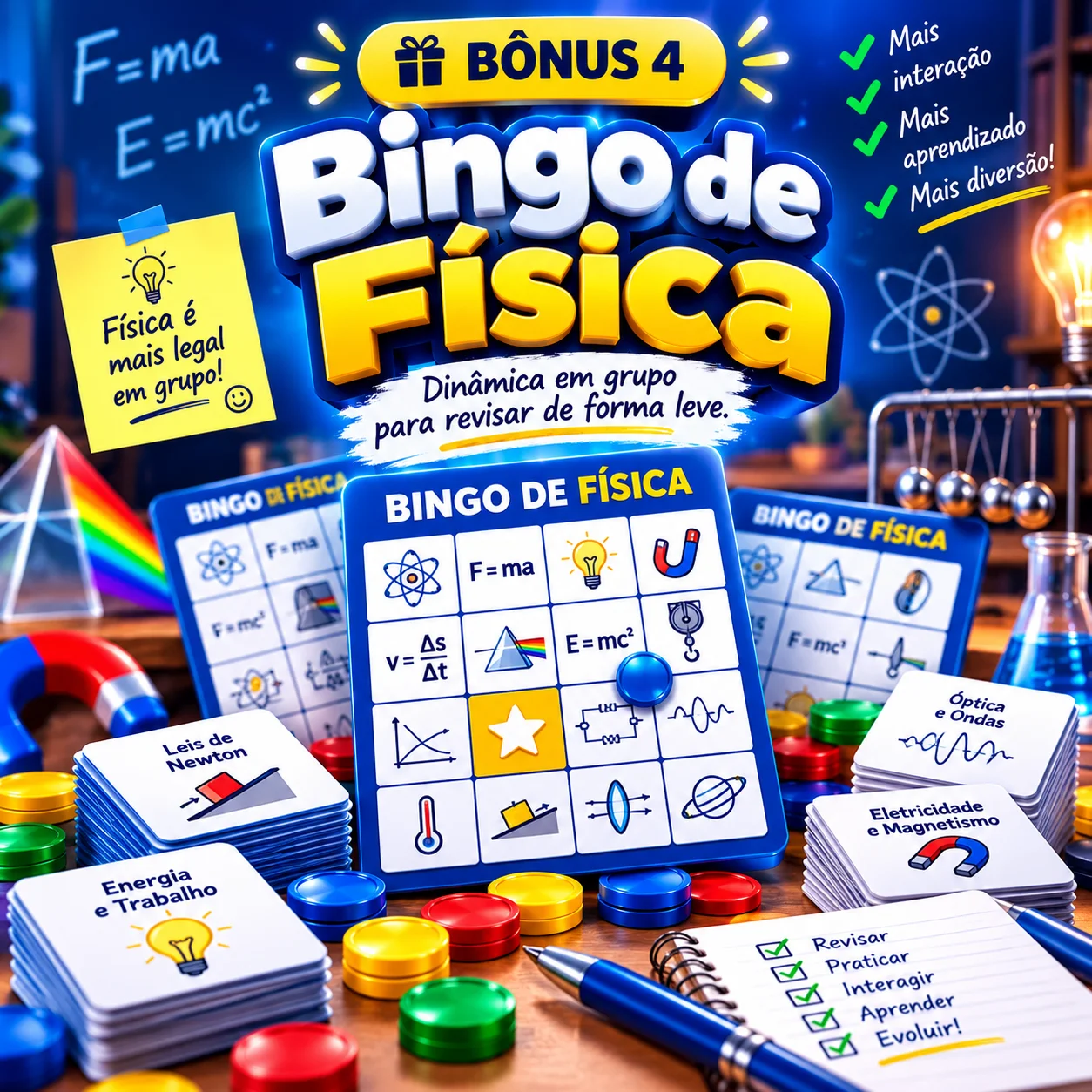 Tabuleiro de bingo ilustrado com elementos de Física
