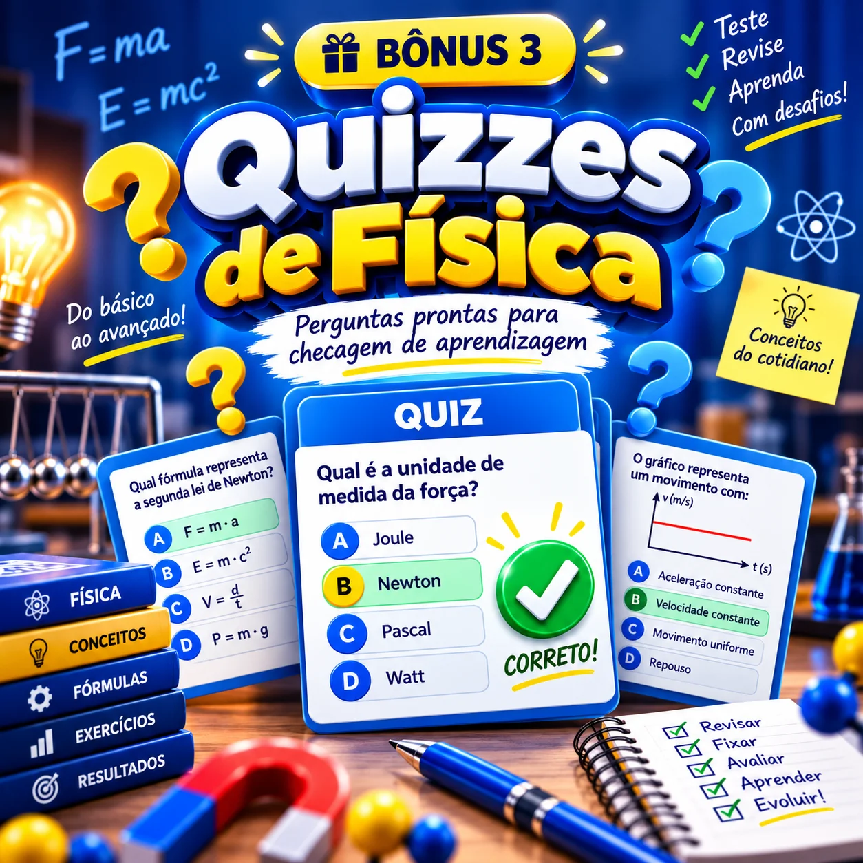 Ilustração de quiz com símbolos químicos e alternativas