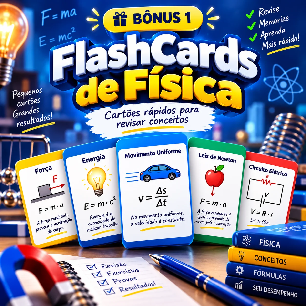Flashcards ilustrados com símbolos de átomos, moléculas e laboratório